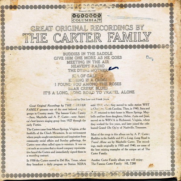 The Carter Family : Great Original Recordings By The Carter Family (LP, Album, Mono, Pit)