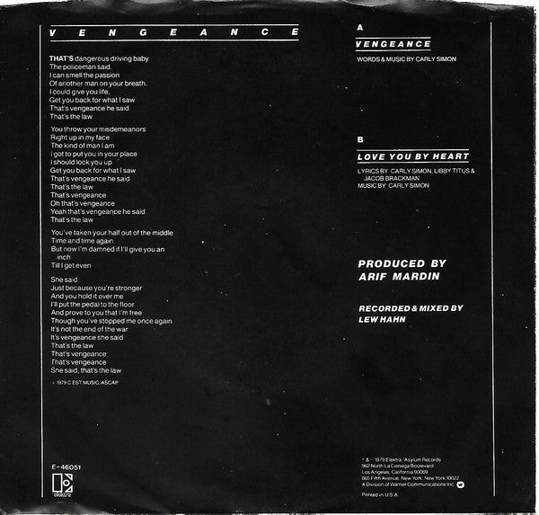 Carly Simon : Vengeance (7", Spe)