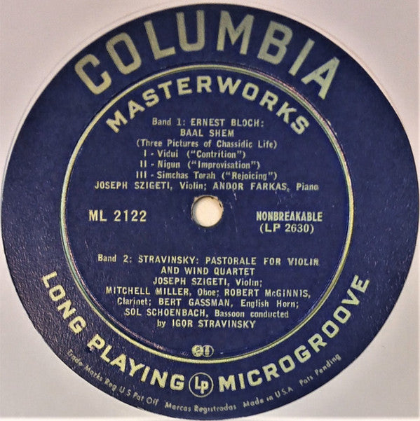 Stravinsky* ‧ Bloch* / Joseph Szigeti : Duo Concertant ‧ Baal Shem ‧ Pastorale (10", Mono)