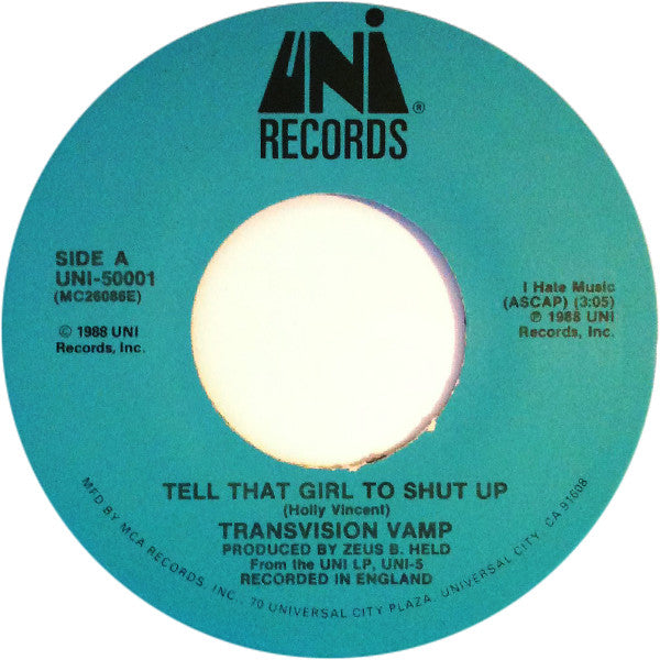Transvision Vamp : Tell That Girl To Shut Up (7", Single, Pin)