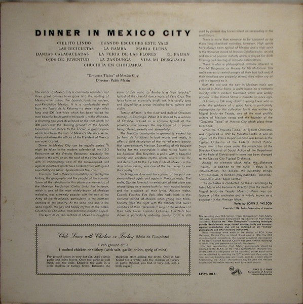 "Orquesta Típica" Of Mexico City* Director: Pablo Marin : Dinner In Mexico City (LP, Mono)