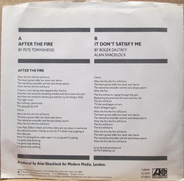 Roger Daltrey : After The Fire (7", Promo)