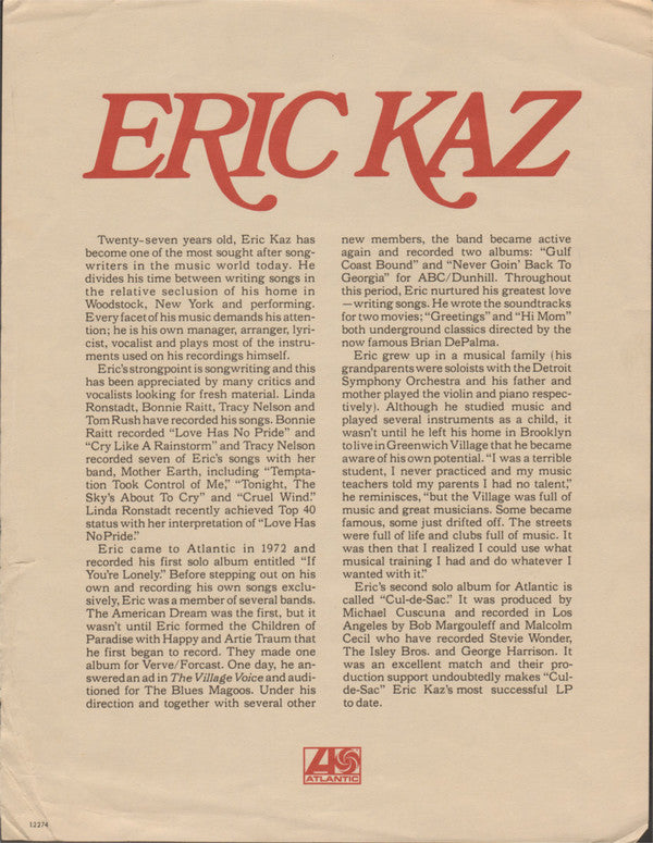 Eric Kaz : Cul-De-Sac (LP, Album, PR )