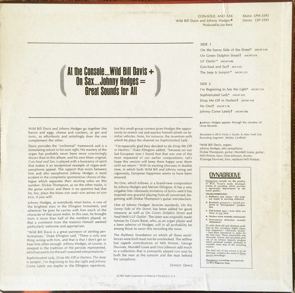 Wild Bill Davis & Johnny Hodges : Con-Soul And Sax (LP, Album, Mono)