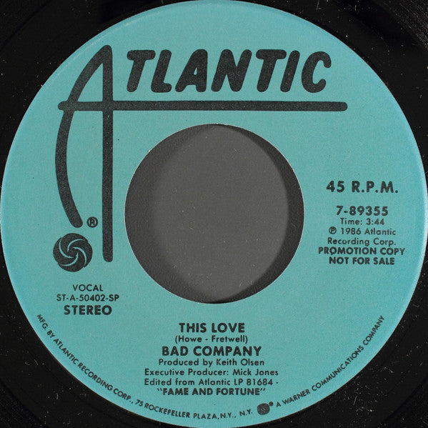 Bad Company (3) : This Love (7", Promo, Spe)