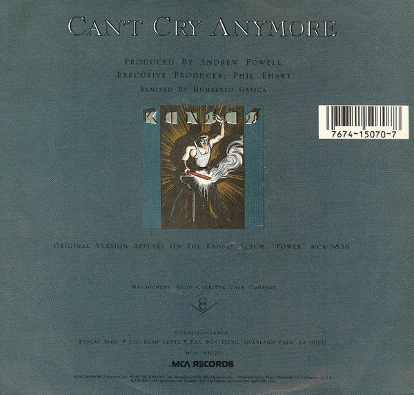 Kansas (2) : Can't Cry Anymore (7", Single, Promo)