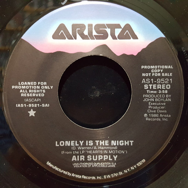 Air Supply : Lonely Is The Night (7", Promo)