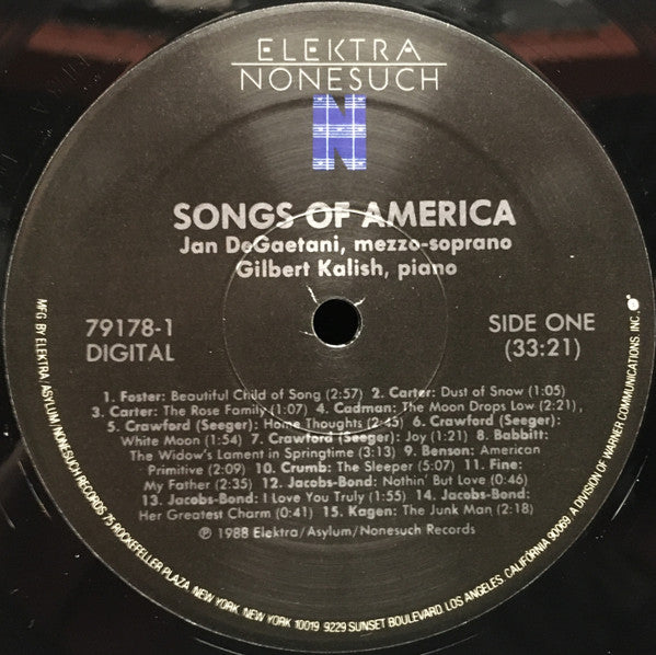 Jan DeGaetani ; Gilbert Kalish : Songs Of America: On Home, Love, Nature, And Death (LP, Album)