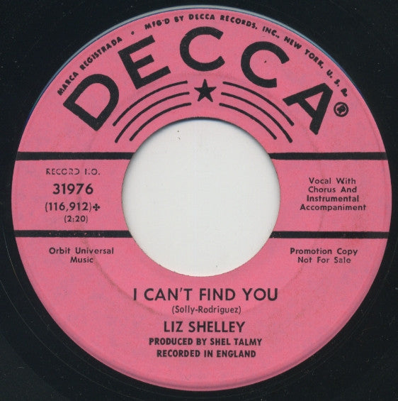 Liz Shelley : No More Love / I Can't Find You (7", Single, Promo)