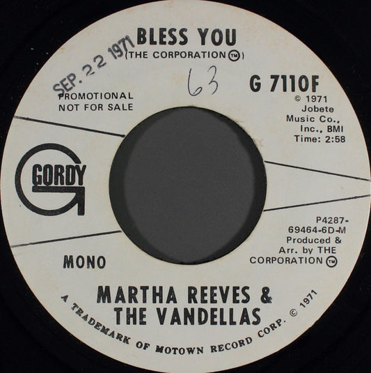 Martha Reeves & The Vandellas : Bless You (7", Mono, Promo)