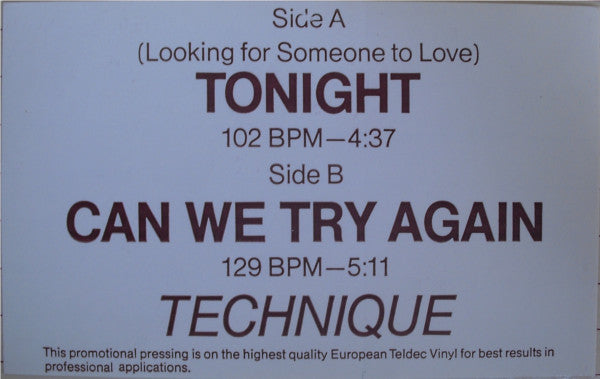 Technique (7) : (Looking For Someone To Love) Tonight (12", Promo)
