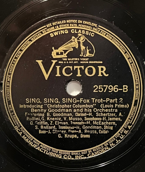 Benny Goodman And His Orchestra : Sing, Sing, Sing (Shellac, 10", Cam)