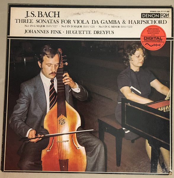 Johannes Fink, Huguette Dreyfus, J. S. Bach* : Three Sonatas For Viola Da Gamba And Harpsichord (LP, Album)