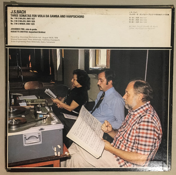 Johannes Fink, Huguette Dreyfus, J. S. Bach* : Three Sonatas For Viola Da Gamba And Harpsichord (LP, Album)