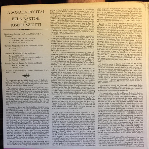 Joseph Szigeti & Béla Bartók : A Sonata Recital (2xLP, Album, Mono)