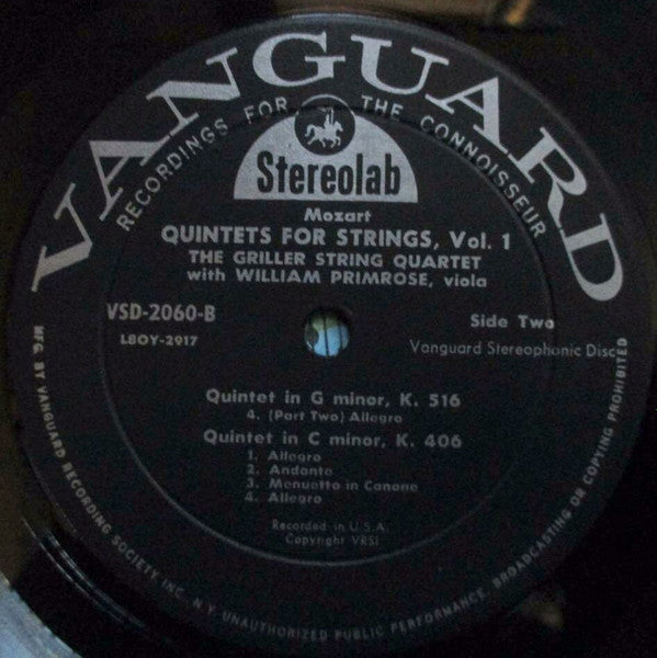Wolfgang Amadeus Mozart, William Primrose, The Griller String Quartet : Mozart Quintets Volume I  Quintet In G Minor, K.516  Quintet In C Minor, K.406 (LP)