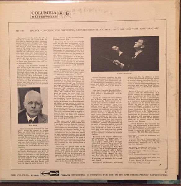 Béla Bartók ; Leonard Bernstein, New York Philharmonic : Concerto For Orchestra (LP, RE)