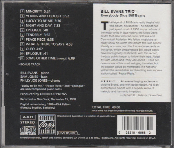 Bill Evans Trio* : Everybody Digs Bill Evans (CD, Album, Mono, RE, RM)