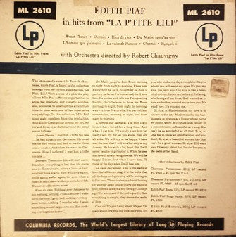 Edith Piaf With Orchestra Directed By Robert Chauvigny : Hits From "La P'tite Lili" (10", RP)