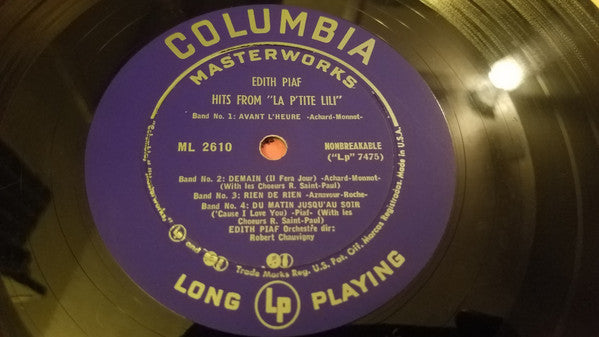 Edith Piaf With Orchestra Directed By Robert Chauvigny : Hits From "La P'tite Lili" (10", RP)