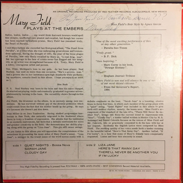 Mary Field (2) : Plays At The Embers (LP, Album)