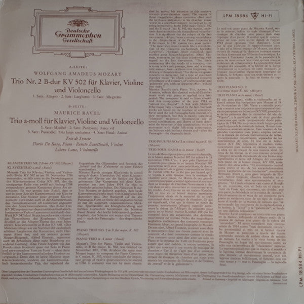 Wolfgang Amadeus Mozart, Maurice Ravel, Trio di Trieste : Klaviertrio B-Dur KV 502 - Klaviertrio A-Moll Trio In A Minor (LP, Album, Mono)