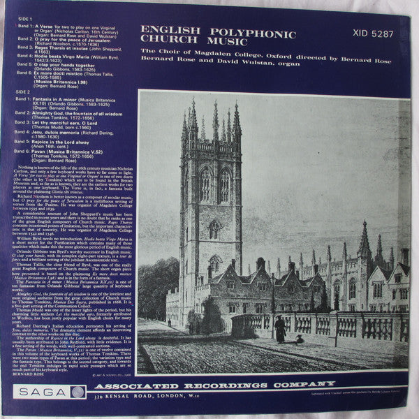 Magdalen College Choir Oxford Directed By Bernard Rose (2), David Wulstan : English Polyphonic Church Music (LP)