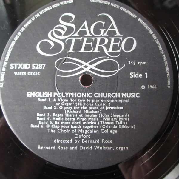 Magdalen College Choir Oxford Directed By Bernard Rose (2), David Wulstan : English Polyphonic Church Music (LP)
