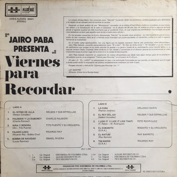 Various : Jairo Paba Presenta Viernes Para Recordar (LP, Comp)
