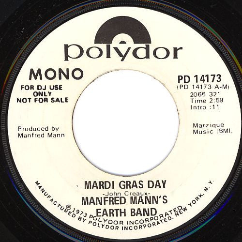 Manfred Mann's Earth Band : Mardi Gras Day (7", Mono, Promo)