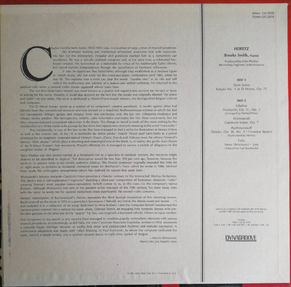 Saint-Saens* / Sibelius* / Wieniawski* / Rachmaninoff* / Falla* - Heifetz* , With Brooks Smith (2) : Sonata No.1 (in D) / Nocturne / Capriccio-Valse / Daisies And Oriental Sketch / Nana And Jota (LP, Album)
