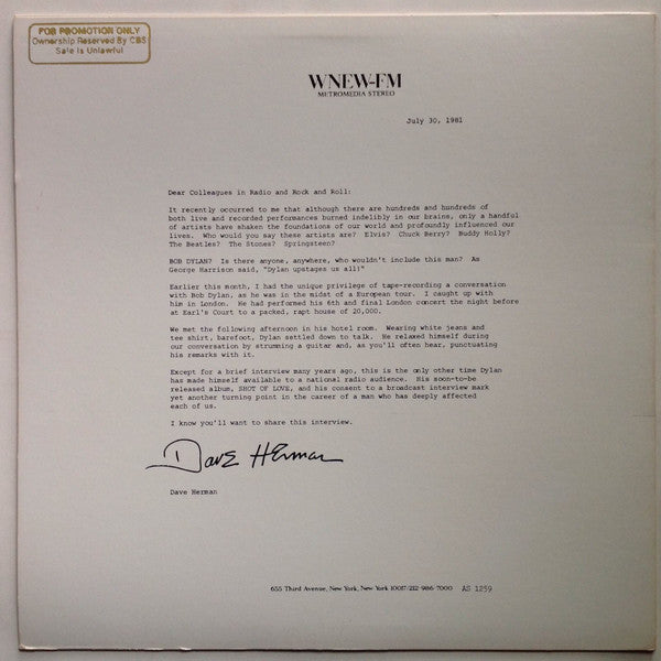 Bob Dylan : London Interview July 1981 (LP, Promo)