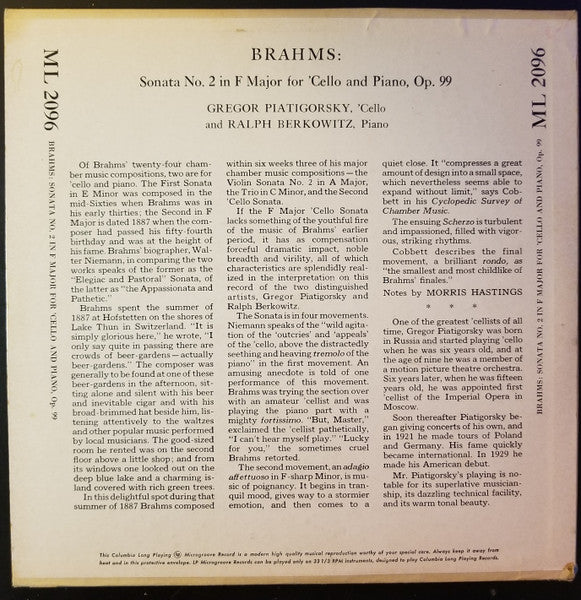 Johannes Brahms - Gregor Piatigorsky, Ralph Berkowitz : Sonata No. 2 In F Major For 'Cello And Piano, Op. 99 (10", Mono)