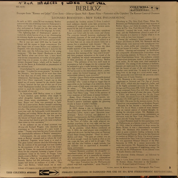 Berlioz*, Leonard Bernstein, New York Philharmonic : The Roman Carnival Overture, Excerpts from "Romeo and Juliet" (LP)