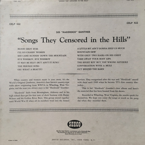 Sid "Hardrock" Gunter* : Songs They Censored In The Hills (LP, Album, Bla)