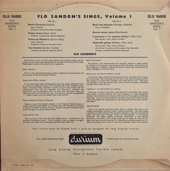 Flo Sandon's : Flo Sandon's Sings, Volume One (10", Mono)