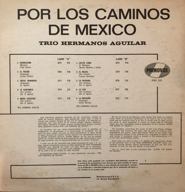 Trio Hermanos Aguilar : Por Los Caminos De Mexico (LP, Album)