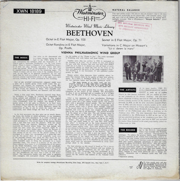 Beethoven* : Octet In E Flat, Op. 103 / Octet Rondino In E Flat Major, Op. Posth. / Sextet In E Flat Major, Op. 71 / Variations In Cmajor On Mozart’s “Là Ci Darem La Mano” (LP, Mono, RE)