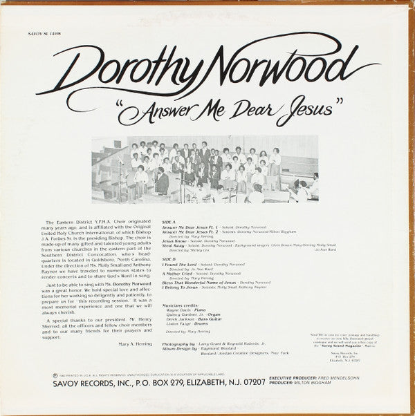 Dorothy Norwood And The Eastern District Y.P.H.A. Choir : Answer Me Dear Jesus (LP, Album)