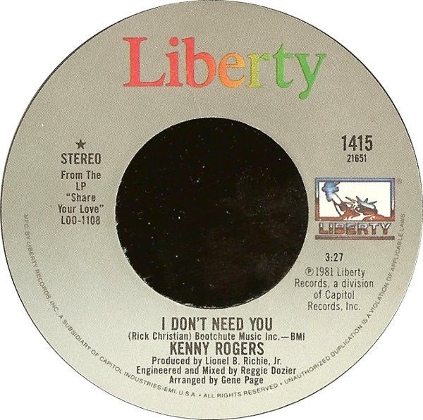 Kenny Rogers : I Don't Need You / Without You In My Life (7", Single, Win)