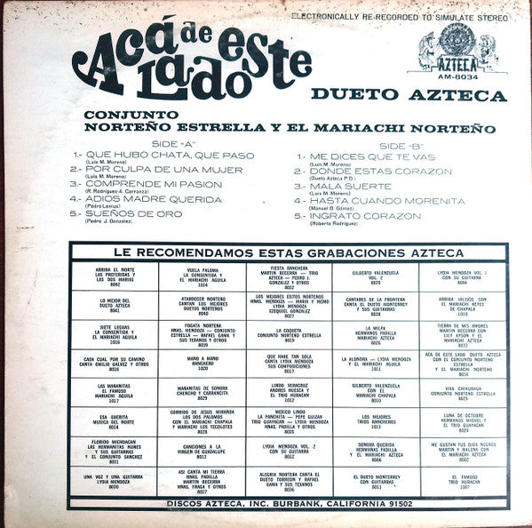Dueto Azteca con Conjunto Norteño Estrella y El Mariachi Norteño : Acá De Este Lado (LP, Album)