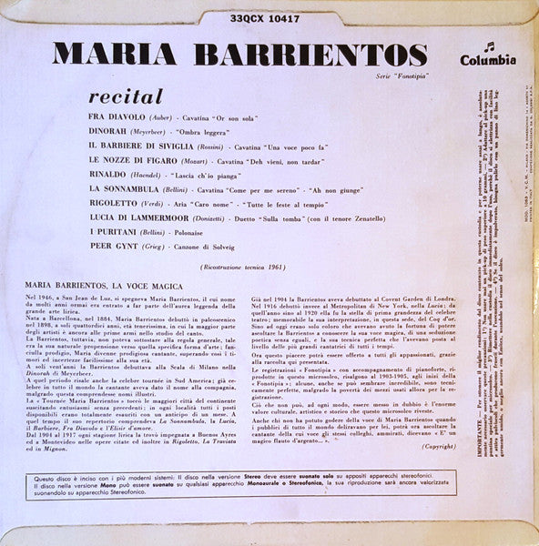Maria Barrientos : Recital Maria Barrientos (LP, Comp, Mono)