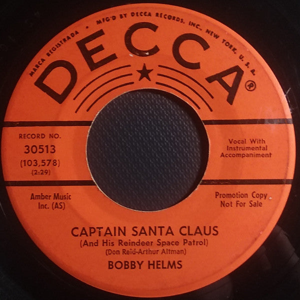 Bobby Helms : Jingle Bell Rock / Captain Santa Claus (And His Reindeer Space Patrol) (7", Single, Promo, Glo)
