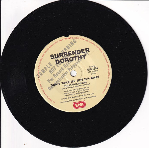 Surrender Dorothy (2) : Don't Take My Breath Away (7", Single, Promo)