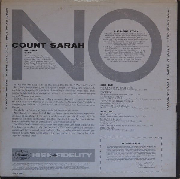 Sarah Vaughan : No Count Sarah (LP, Album, Mono)