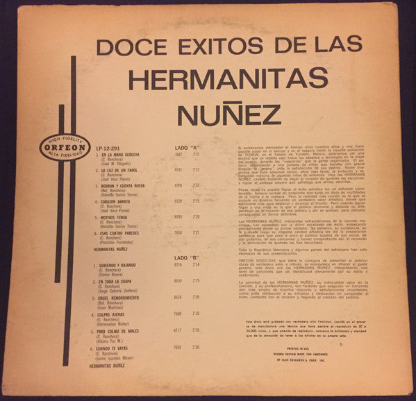 Hermanitas Núñez : 12 Exitos De Las Hermanitas Núñez (LP, Album, Mono)