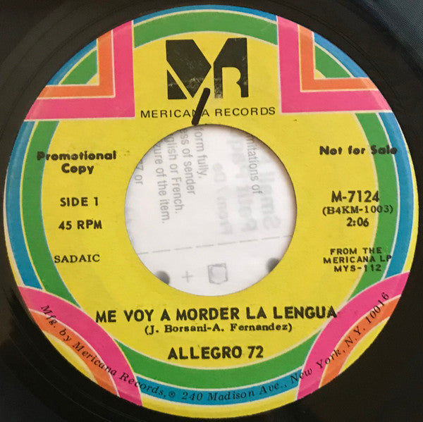 Allegro 72 : Me Voy A Morder La Lengua (7", Promo)