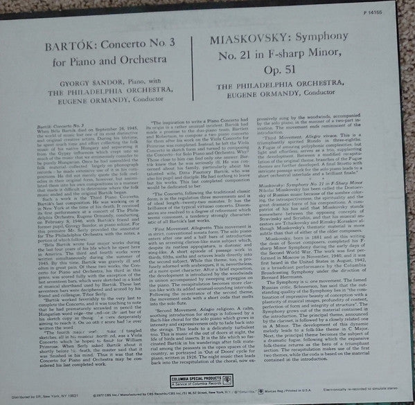 The Philadelphia Orchestra, Eugene Ormandy : Bartok - Concerto No. 3 For Piano And Orchestra / Miaskovsky - Symphony No. 21 In F-Sharp Minor, Op. 51 (LP)