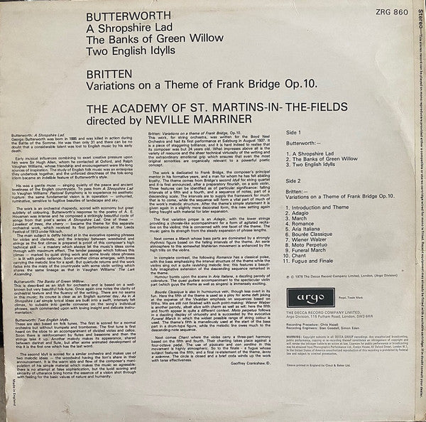 George Butterworth / Benjamin Britten, The Academy Of St. Martin-in-the-Fields, Sir Neville Marriner : A Shropshire Lad • Two English Idylls / The Banks Of Green Willow / Variations On A Theme Of Frank Bridge (LP)