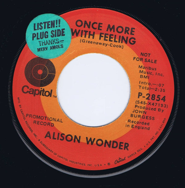 Alison Wonder : Once More With Feeling (7", Single, Promo)